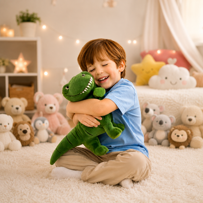 Petit garçon souriant serrant sa peluche dinosaure T-Rex verte