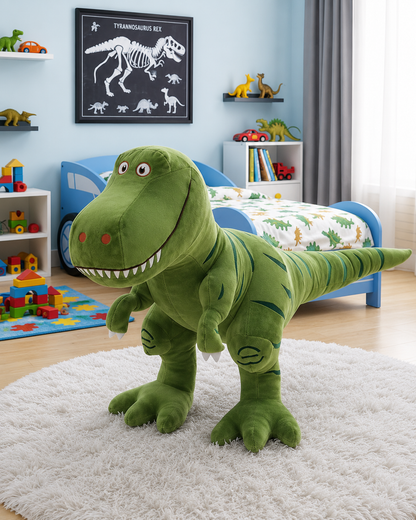 Peluche T-Rex Léo dans une décoration chambre dinosaure