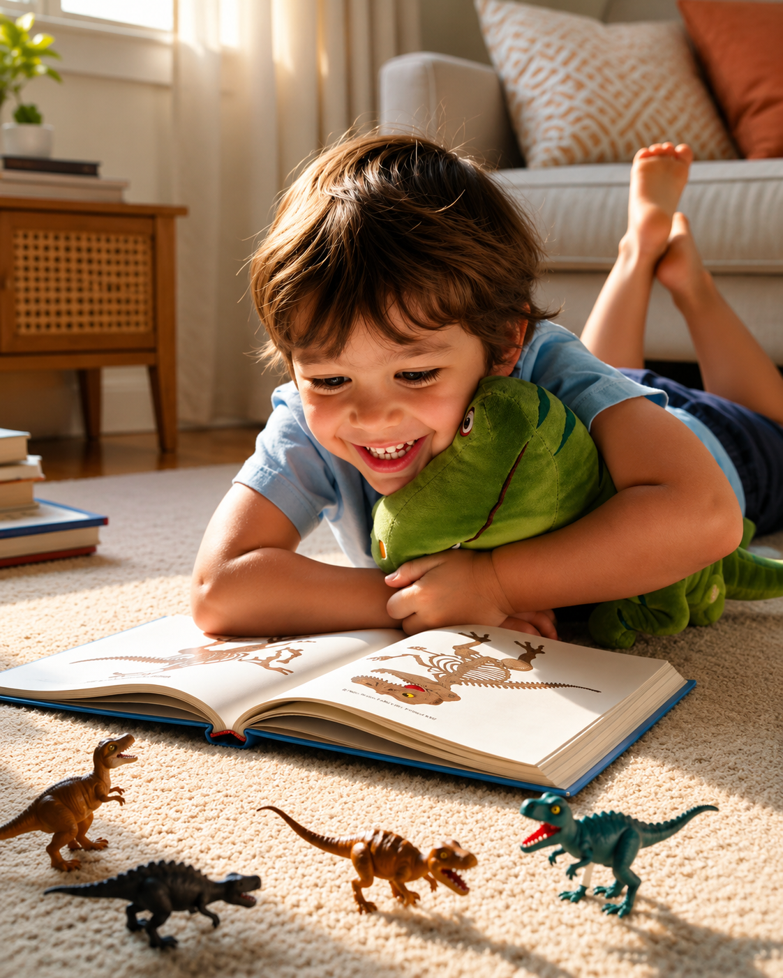 Peluche dinosaure Léo posée dans une chambre d'enfant